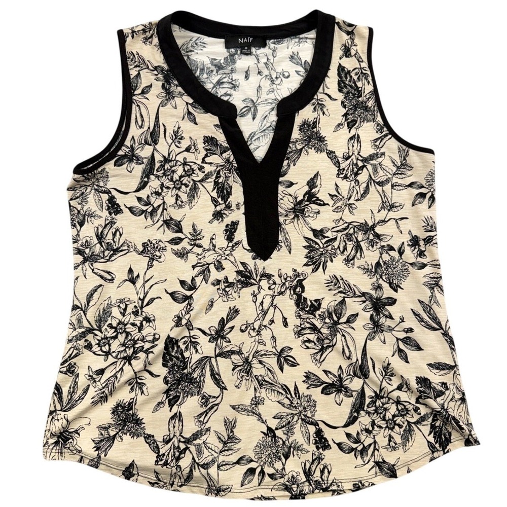NAÏF Womens Floral Split V-Neck Sleeveless Blouse Cream Black DT554-12311 Size M